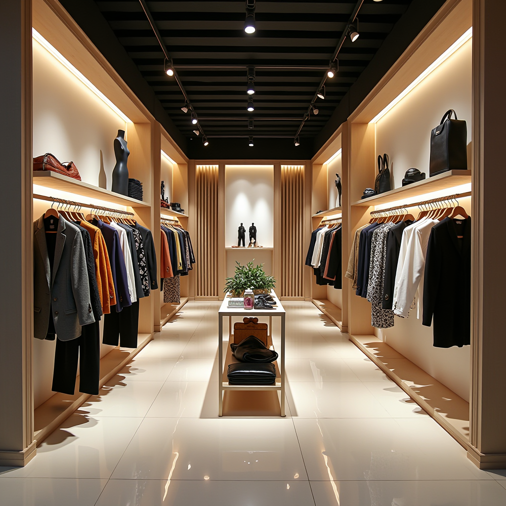 Elegante interno della boutique di moda italiana con esposizione di abbigliamento trendy, illuminazione moderna e design contemporaneo a Roma