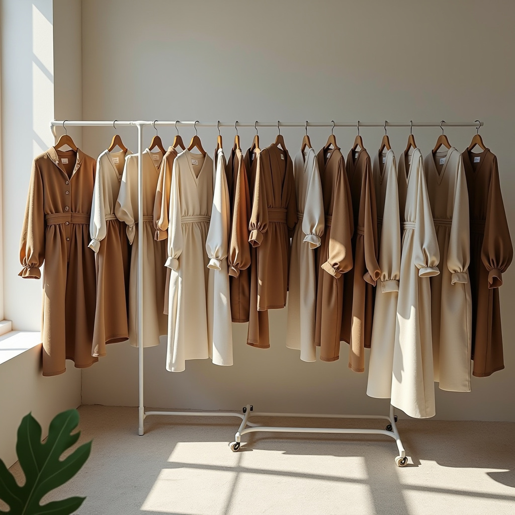 Modern eco-friendly clothing collection displayed in an Italian fashion studio, featuring organic fabrics, sustainable materials, and contemporary designs with natural textures and earth-tone colors