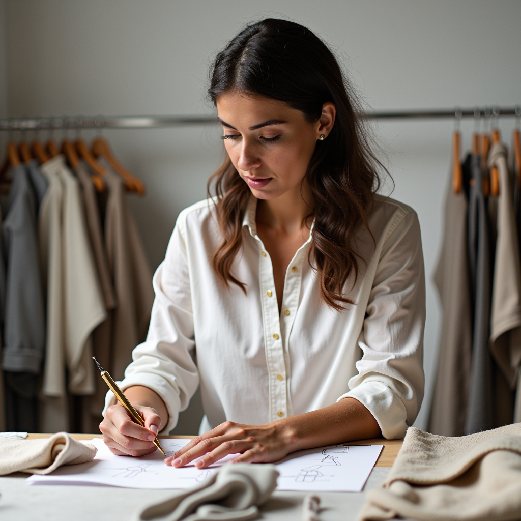 Designer italiano che lavora con tessuti ecologici innovativi in un atelier moderno, circondato da campioni di materiali sostenibili come cotone organico, lino naturale e fibre riciclate, con schizzi di moda contemporanea sullo sfondo