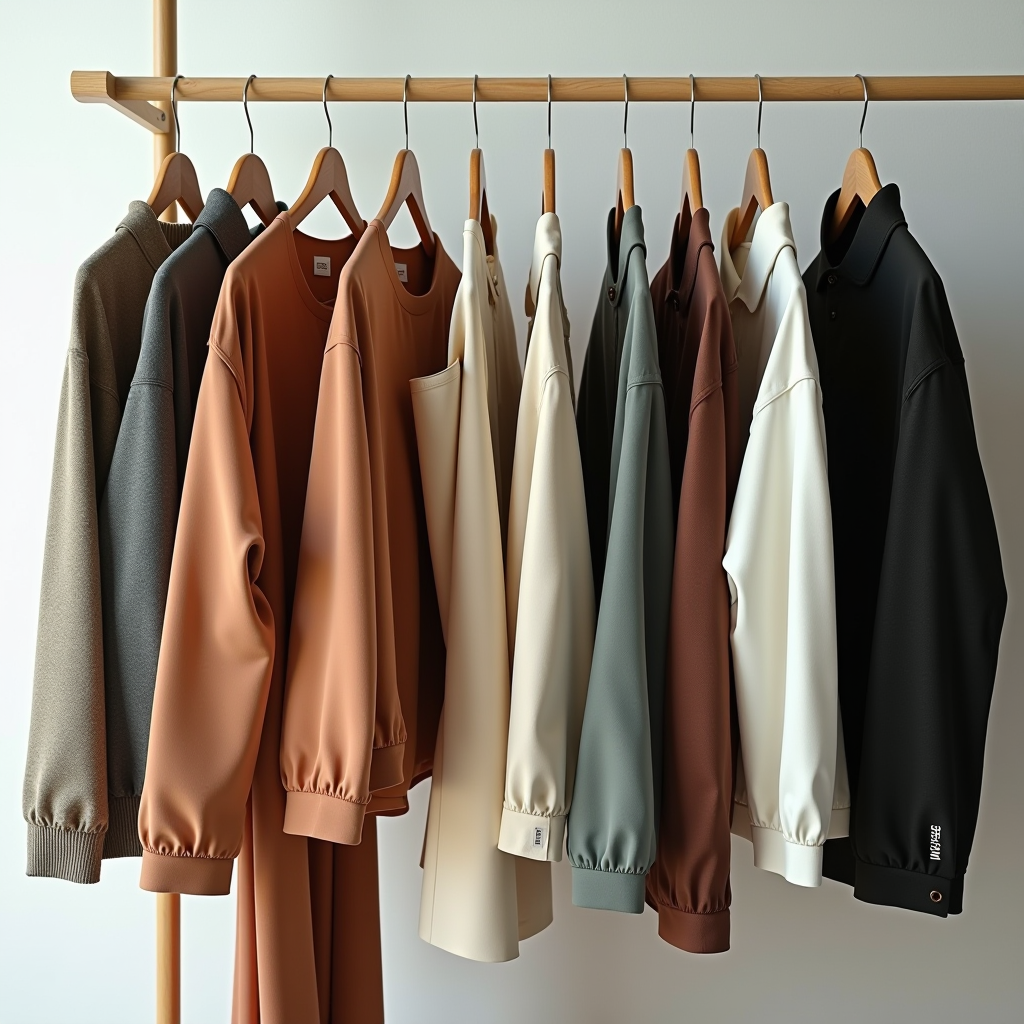 Guardaroba versatile con capi essenziali stratificati disposti su appendiabiti, mostrando combinazioni di colori coordinate e diverse texture di tessuti per transizioni stagionali