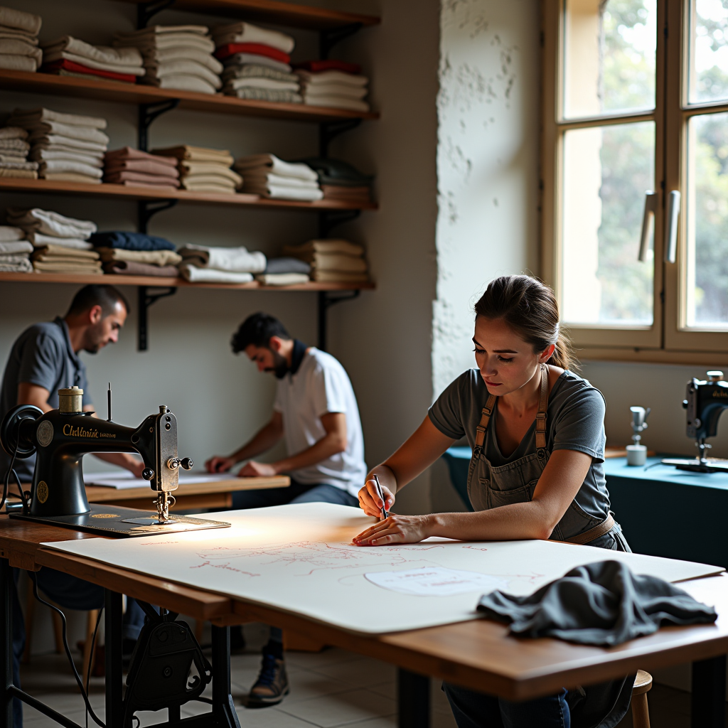 Laboratorio artigianale italiano con artigiani esperti che lavorano su tessuti di alta qualità, macchine da cucire tradizionali e tavoli da taglio con pattern di abbigliamento contemporaneo, illuminazione naturale che filtra attraverso ampie finestre
