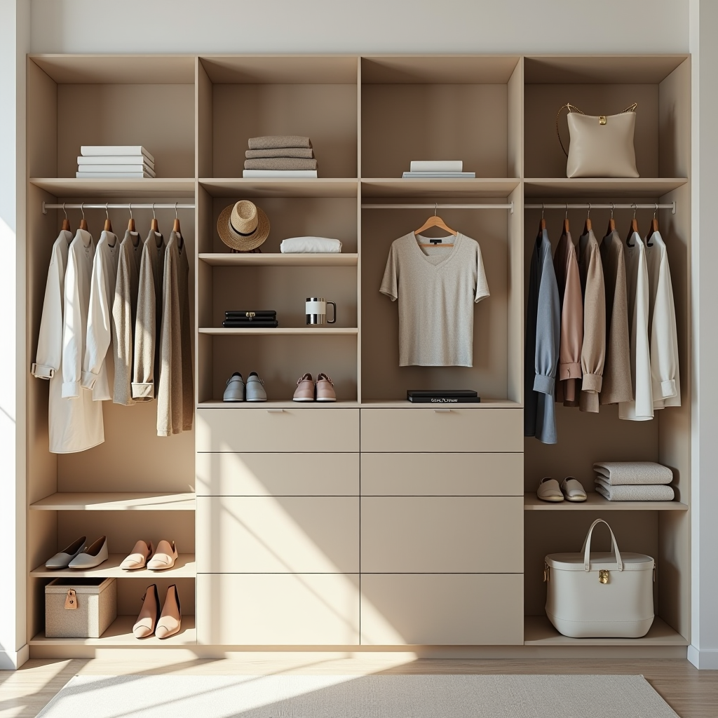 Un guardaroba minimalista ben organizzato con capi essenziali appesi ordinatamente, mostrando una collezione curata di abbigliamento versatile in tonalità neutre e colori coordinati, con scaffali puliti e accessori selezionati