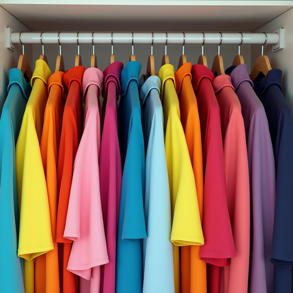 Una collezione vibrante di abiti colorati appesi in un guardaroba moderno, mostrando una gamma completa di tonalità dall'azzurro al fucsia, dal giallo lime al viola profondo, organizzati in modo artistico per rappresentare la diversità cromatica nella moda quotidiana