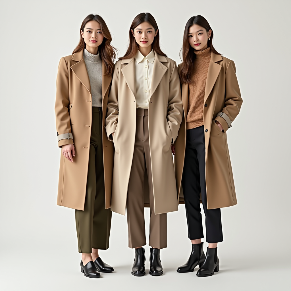 Versatile clothing pieces arranged for different seasons, showing layering techniques with modern fabrics, neutral colors, and transitional outfits suitable for various weather conditions