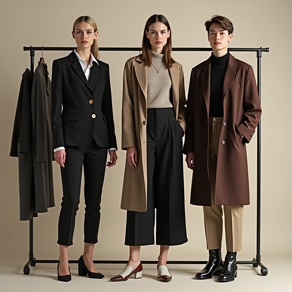 Professional wardrobe with layered clothing pieces showing versatile styling options for different seasons and occasions, featuring modern Italian fashion essentials