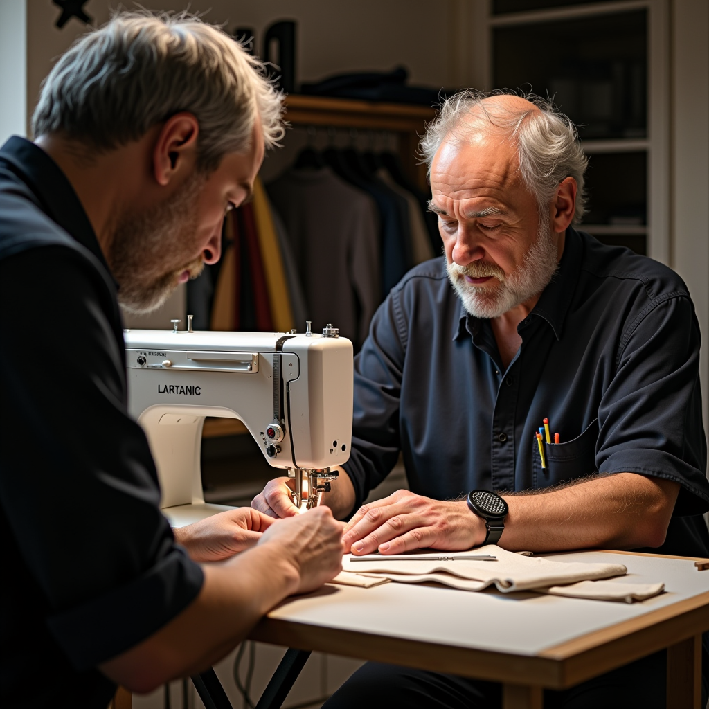 Italian artisan workshop showing skilled craftspeople creating quality clothing, with traditional sewing techniques, premium fabrics, and attention to detail in garment construction