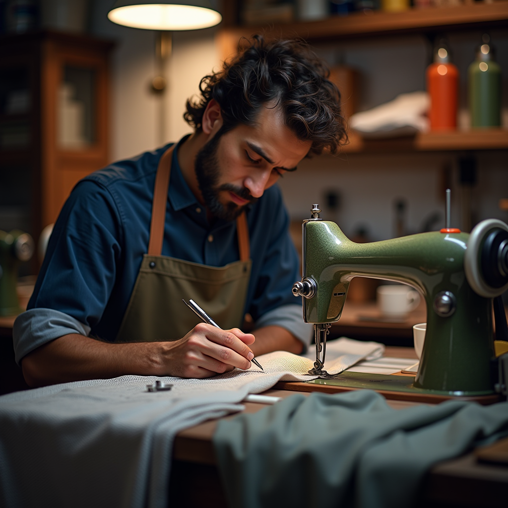 Italian artisan working on quality clothing in a traditional workshop, showing detailed craftsmanship and attention to fabric quality in contemporary fashion design