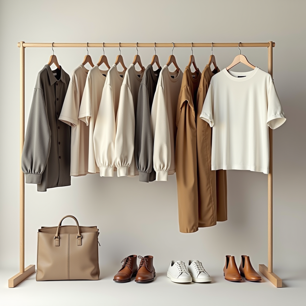 Curated collection of versatile wardrobe staples including classic pieces in neutral colors, quality basics, and timeless clothing items arranged in a modern minimalist setting